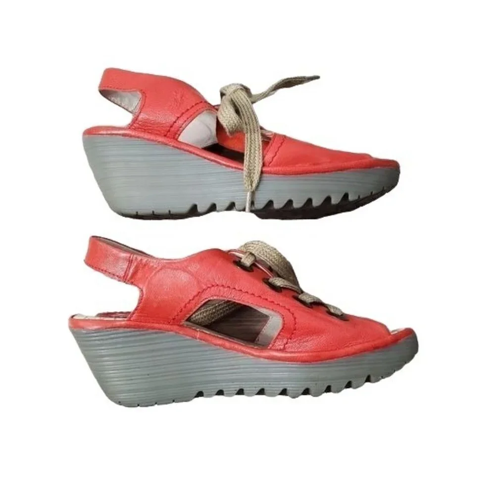 Fly London Women's Wedge Shoe Ylfa Red Lace Up Sandal Sz 8-8.5M EU 39
